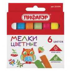 Мел цветной квадратный 6шт, ПИФАГОР (картонная упак, европодвес)