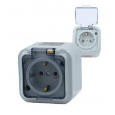 Розетка 1-ая с зазем. накладная с крышкой РА16-297 02 прозр. Аква IP54